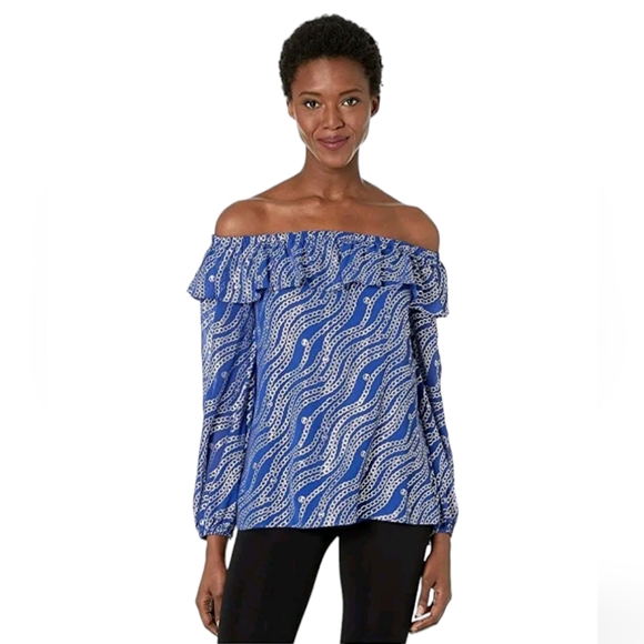 New Michael Kors Women's Blue Chain Print Off Shoulder Top Size Xsmall - Picture 3 of 15